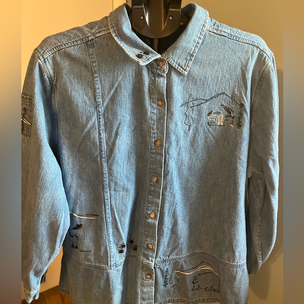 CJ Banks Embroidered Denim Jacket Shirt Women’s 2X Nature Design